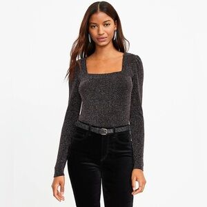 NWT LOFT Square Neck Multicolor Sparkle Thread Ribbed Long Sleeve Top Med